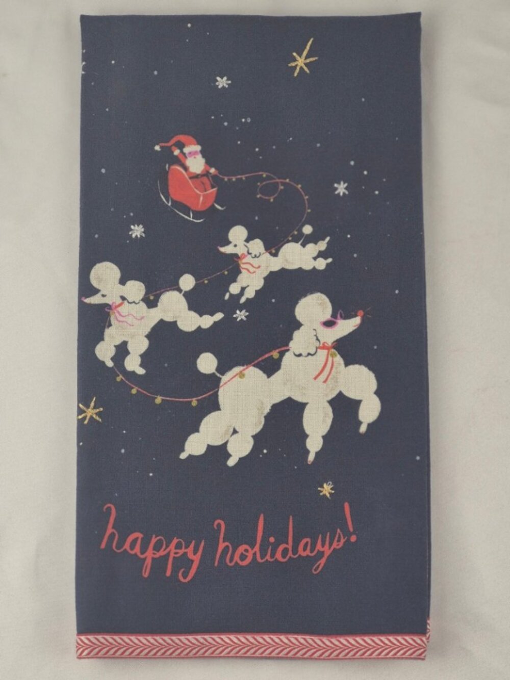 Anthropologie Louise Pretzel Dashing Poodles Dish Towel Santa's Sleigh Christmas
